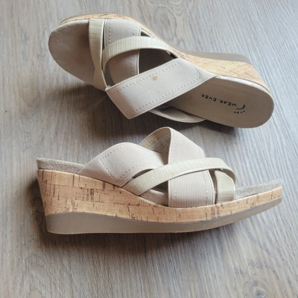Wear Ever Womens Wedge Sandals 6M Beige Elastic Cork Boho Summer Slides